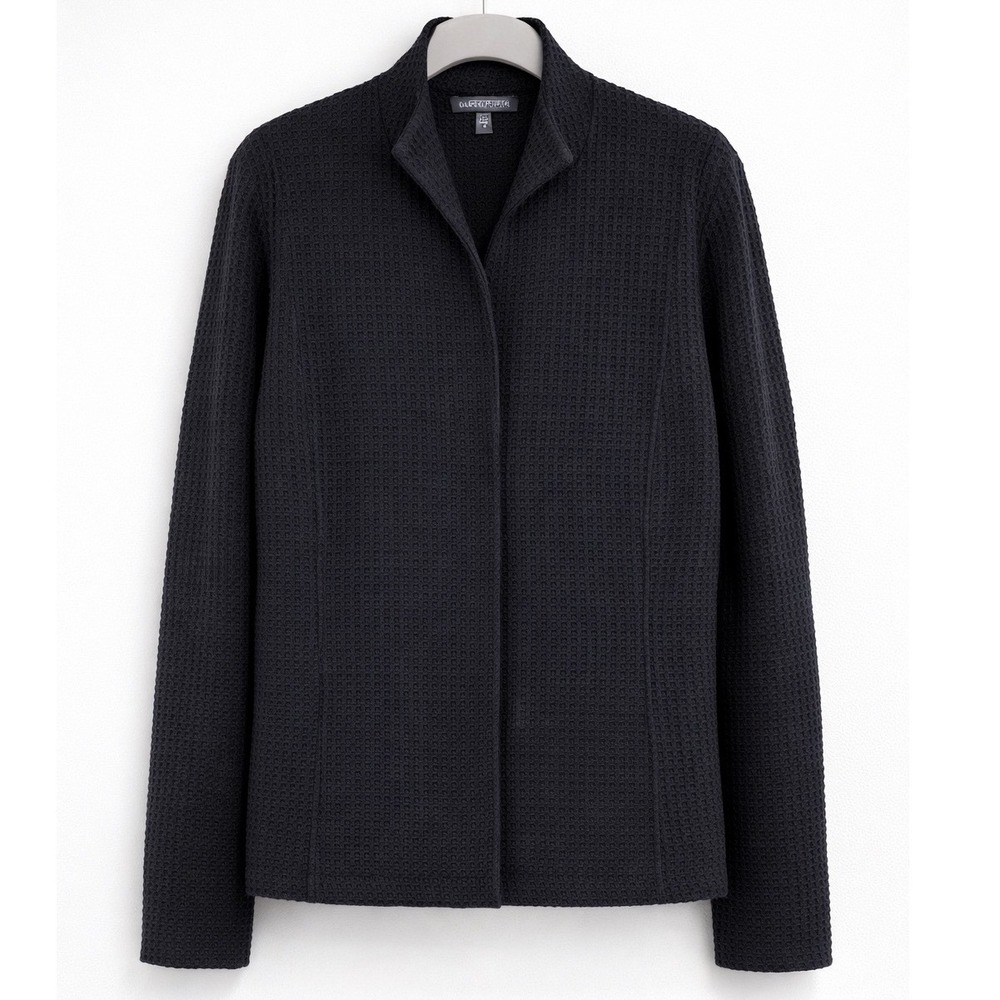 Eileen Fisher Black Waffle Knit Snap Front Jacket Stand Collar Sz Small Chic‎